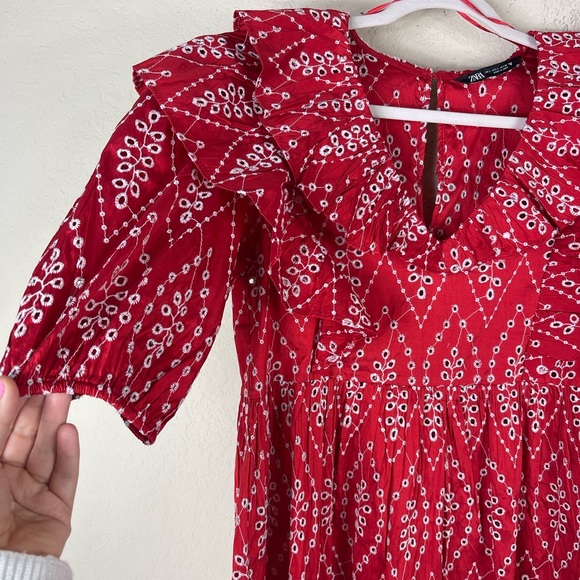 Zara Cotton Eyelet Ruffle Midi Statement Dress in Red Size Large - Picture 6 of 12